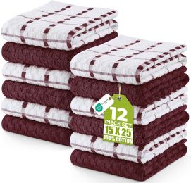 Towels - Kitchen Towels 12 Pack, 15 x 25 Inches, 100% Ring Spun Cotton Super Soft and Absorbent Linen Dish, Tea and Bar Towels Set, Burgundy