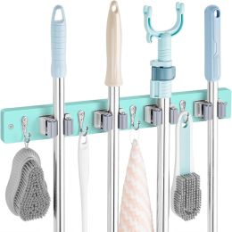 Turquoise Mop Broom Holder Wall Mount with 4 Slots & 4 Hooks - Wood Broom Mop Hanger for Pantry Closet Laundry Room Organization - for Teal Kitch