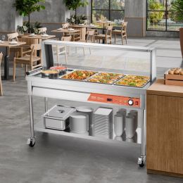7 Pans + 2 Pots Commercial Food Warmer Steam Table With Undershelf Shield (Option: Silver)